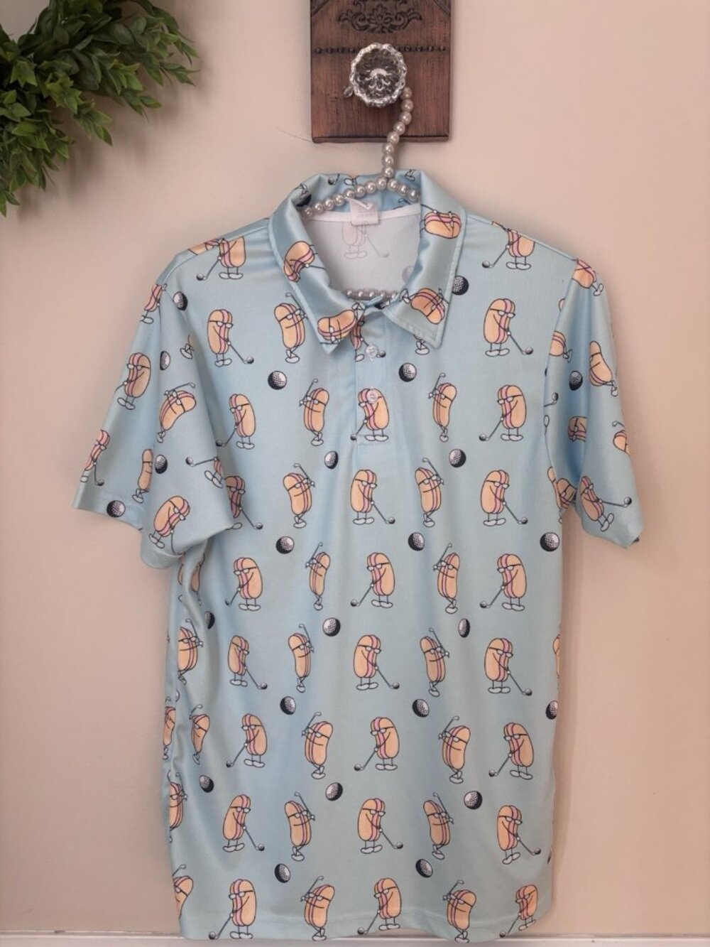 Hot Dog Golfing Mens Size Small Polo Shirt Blue Short Sleeve Novelty Golfer